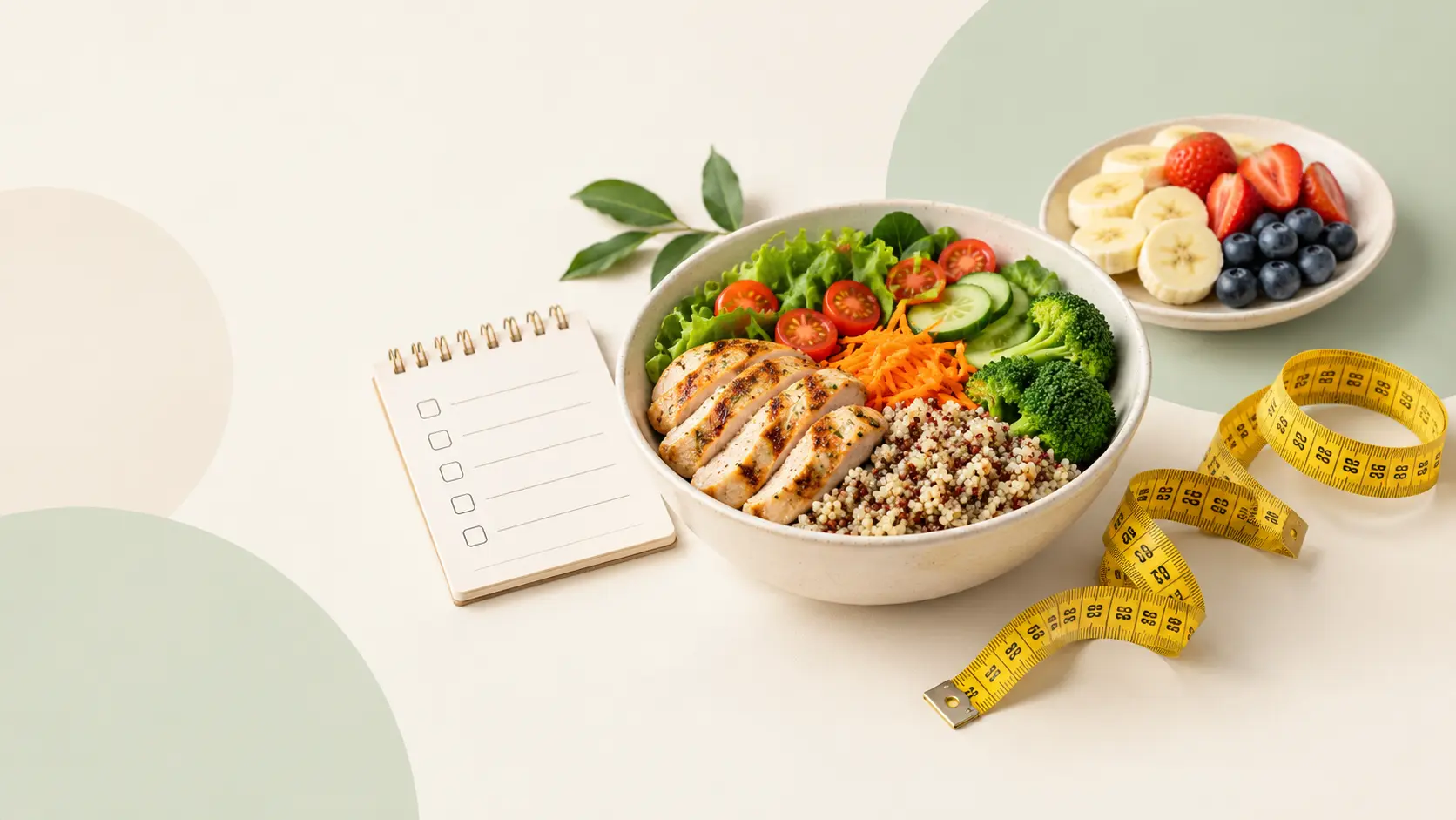 Prato com frango grelhado, quinoa e legumes ao lado de uma lista e de uma fita métrica