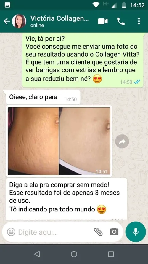 Mensagem de cliente com foto do resultado do Collagen Vitta